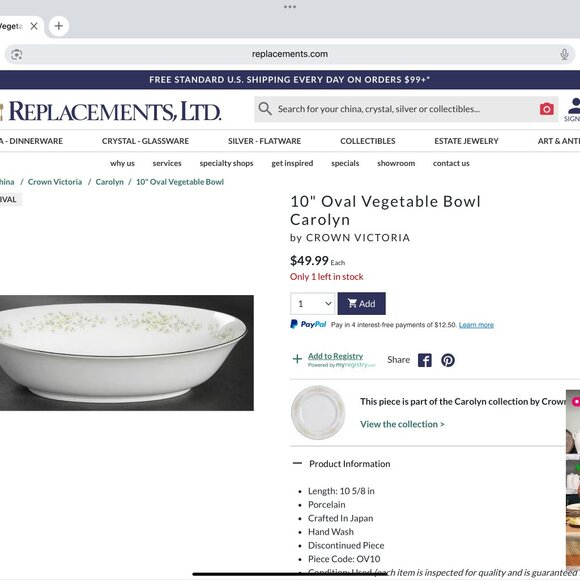 Crown Victoria - Carolyn - 10" Oval Vegetable Bowl - Picture 1 of 4